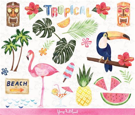 Watercolor Tropical Clip Art Summer Clipart Pack Flamingo Pineapple