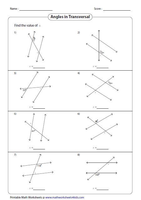 Parallel Lines Cut By A Transversal Worksheets