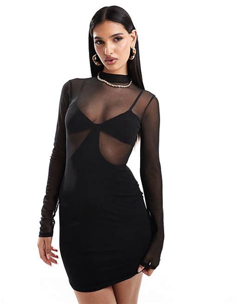 Asos Design High Neck Long Sleeve Mesh 2 In 1 Mini Dress In Black Asos