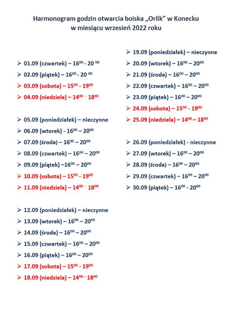 Harmonogram godzin otwarcia boiska Orlik w Konecku w miesiącu