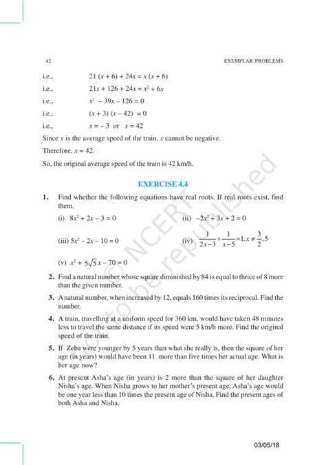 Ncert Exemplar Book For Class 10 Maths Chapter 4 Quadratic Equations