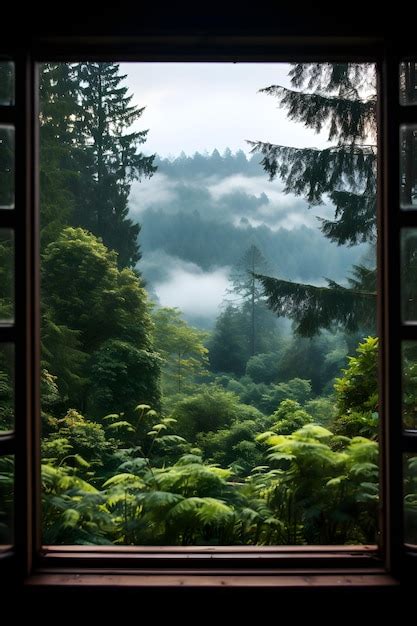 Premium AI Image | a view of a forest through a window Window view from ...