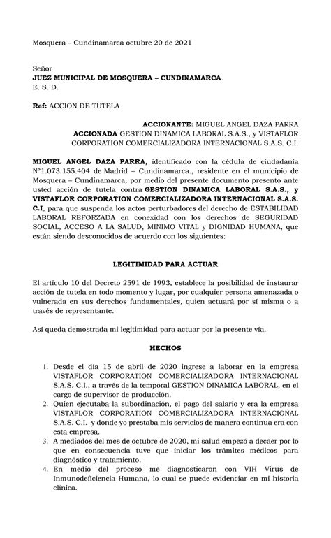 Acci N De Tutela Estabilidad Laboral Reforzada Persona Dx Vih