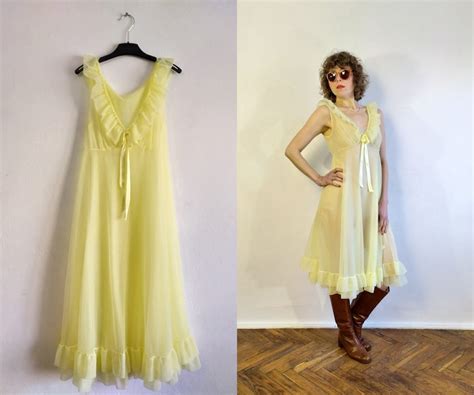 Vintage S Yellow Chiffon Neglige Ruffle Pin Up Negligee Light Yellow