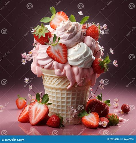 Juicy Strawberry Ice Cream In A Waffle Cup Realistic 3d Rendering