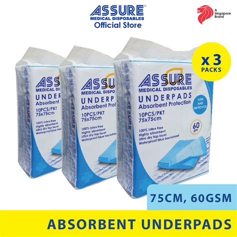 Bundle Of 3 Assure Underpads 30 X 30 75cm X 75cm 60g 10spkt