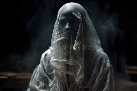 White Transparent Smoke Like Spirit Ghostlike Figure In A Dark Room At