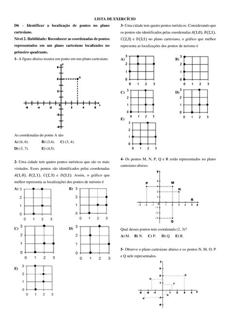 Lista De Exercícios Coordenadas Cartesianas E Funções Exercícios