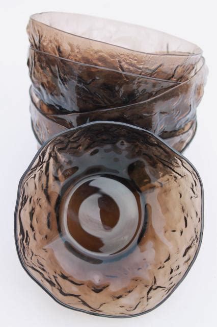 Retro Vintage Smoke Brown Seneca Driftwood Crinkle Glass Salad Bowls