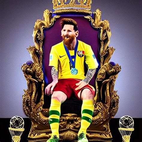 Lionel Messi In A Throne With A Crown And The World Cup 3D Arthub Ai