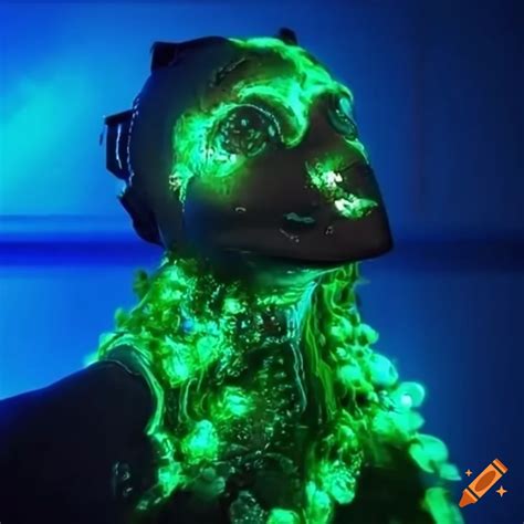 Biopunk Cyborg In A Futuristic Laboratory Covered In Glowing Biopunk