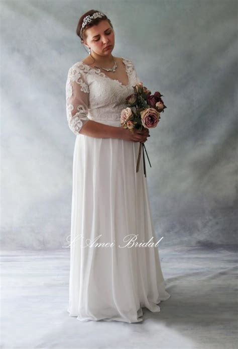 Custom Romantic Design Natural Waist Keyhole Back Lace Wedding Bridal Gown With 34 Sleeve Deep