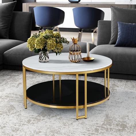 Nesia Modern Accent White Marble Gold Coffee Table Round Sofa Cocktail Double Layer Storage