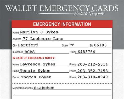 Printable Emergency Information Cards Medical Alert Id Medical Alert