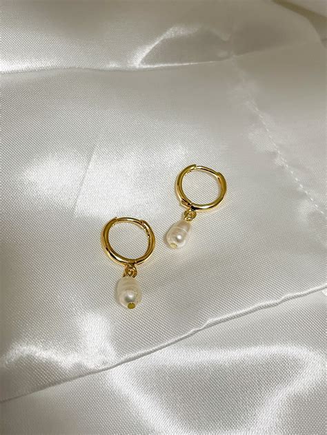 Pearl Gold Huggies Freshwater Pearl Dainty Gold Hoops Cute Summer