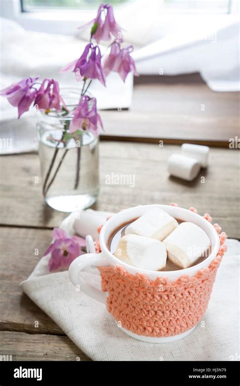 Hot Cocoa With Marshmallows In Cup And Cup Crochet Holder And Fresh Spring Pink Bell Flowers On