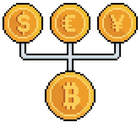 Pixel Art Bitcoin Controlling Fiat Currencies Dollar Euro Yen Vector