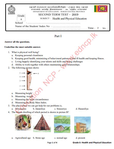 Grade 06 Health 2nd Term Test Paper 2019 English Medium North Central Province