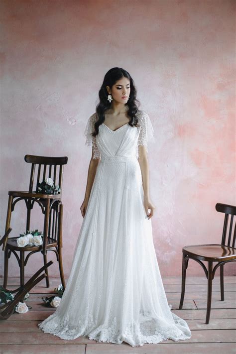 Boho Lace Wedding Dress With Short Sleeves Romantic Bohemian A Line