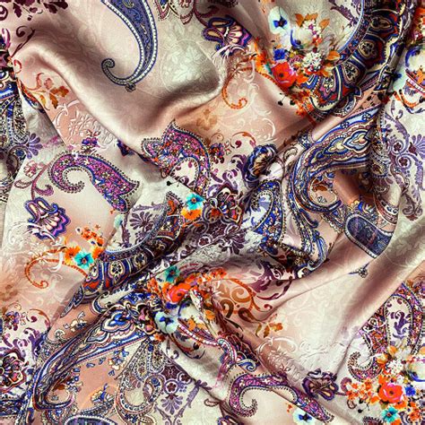 Silk Satin Fabric With Floral Paisley Print On Nude Background