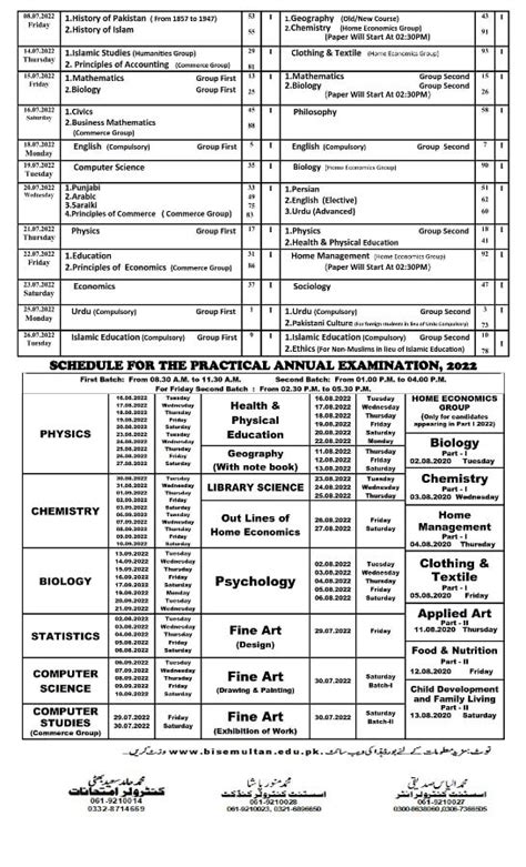 Bise Multan Fa Fsc New Date Sheet 2022 Part 1 Annual Exam