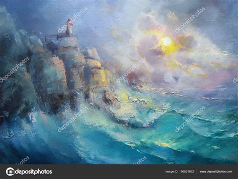 Lighthouse Rock Storm Made Classical Manner Oil Painting Stock Illustration by ©yakimenko #196561892