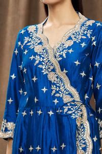 Buy Blue Pure Spun Silk Embroidery Sequin V Neck Angrakha Set For Women