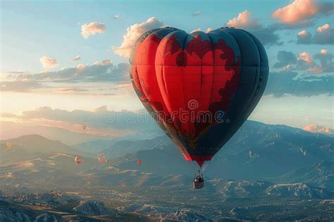 Whimsical Scene Heart Shaped Hot Air Balloon Soars With Passengers Stock Illustration