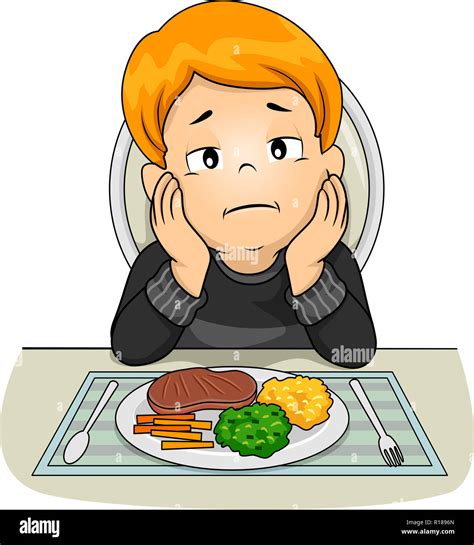 Illustration Of A Kid Boy In Front Of A Meal With Hands On Face And No