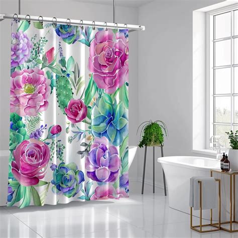 Watercolor Floral Shower Curtain Roses Tulips Succulents Anemones