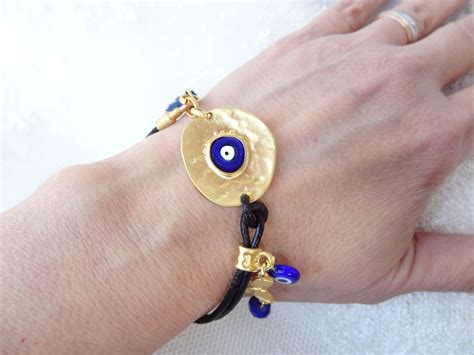 Gold Evil Eye Bracelet, Gold Evil Eye Pendant With Black Leather, Tassel Bracelet, Turkish Nazar ...