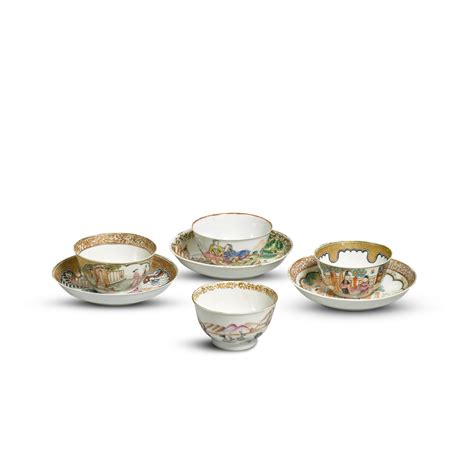 Three Sets Of Famille Rose Figural Cups And Saucers Qing Dynasty 18th