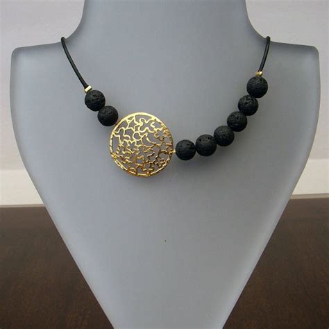 Lava Stone Necklace Golden Pendant Necklace With Lava Stone Etsy