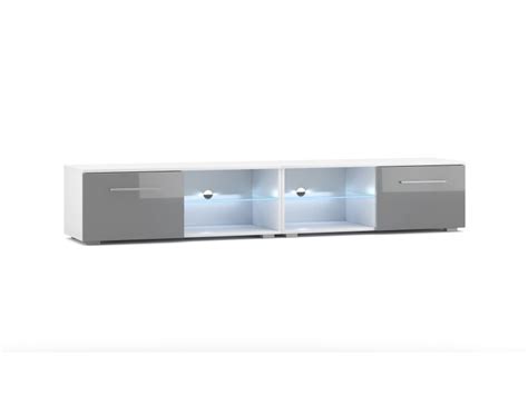 Meuble Banc TV 200 Cm Blanc Mat Gris Brillant Avec LED Style