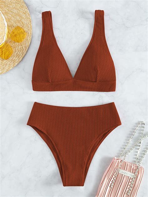 Shein Swim Basics Conjunto De Biqu Ni Texturizado Suti Sem Fio Top