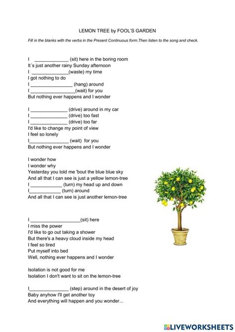 Lemon Tree By Fool S Garden Worksheet The Fool English As A Second