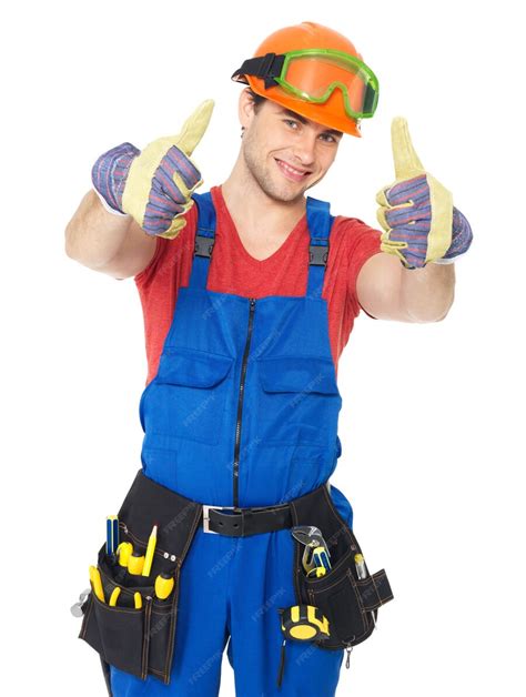 Free Photo Portrait Of Happy Handyman With Tools Showing Thumbs Up