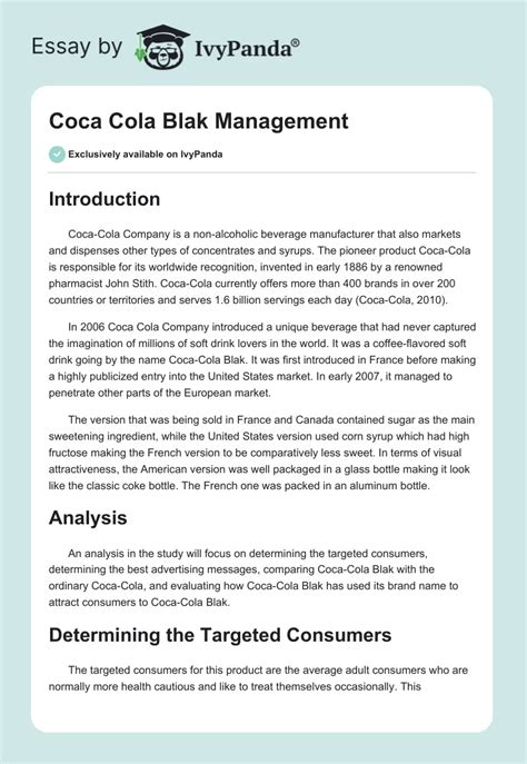 Coca Cola Blak Management 965 Words Report Example