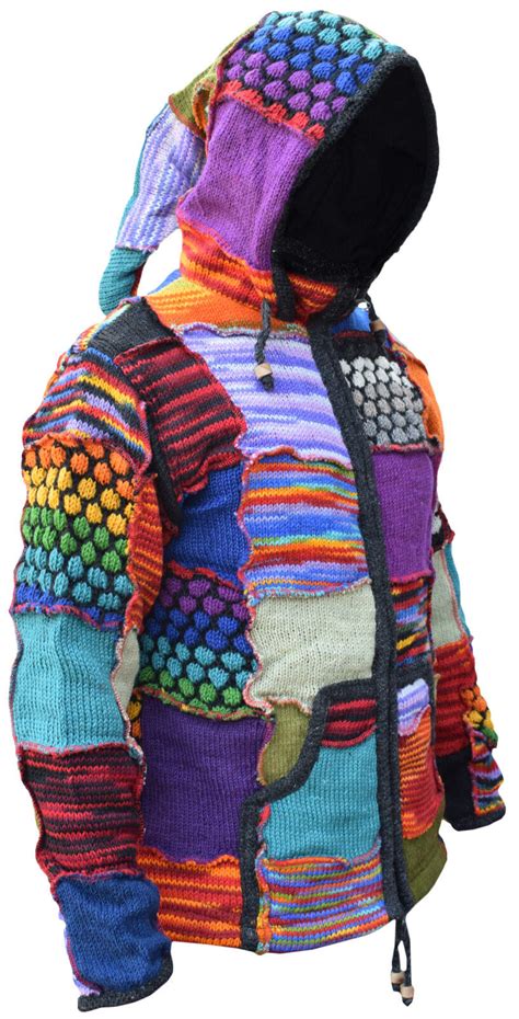 Woolen Bubble Knit Patchwork Hippie Pixie Long Hood Winter Boho Knitted