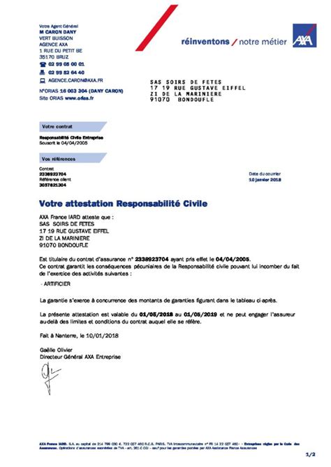 Exemple D Attestation De Responsabilit Civile Fatur