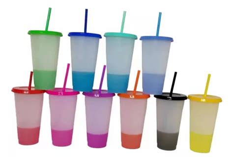 100 Vasos Magicos Cambian De Color Con Tapa Y Popote 700ml Envío gratis