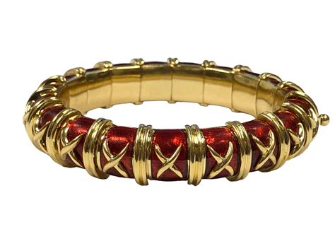 Tiffany And Co Jean Schlumberger Croisillon Gold And Red Enamel Bangle