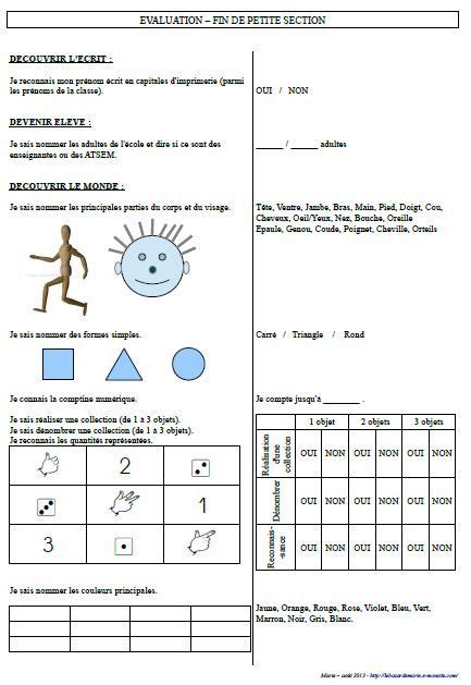 Les évaluations en maternelle Evaluation maternelle Maternelle La