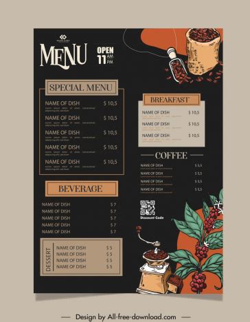 Coffee Shop Menu Template Dark Classical Design Vectors Stock In Format