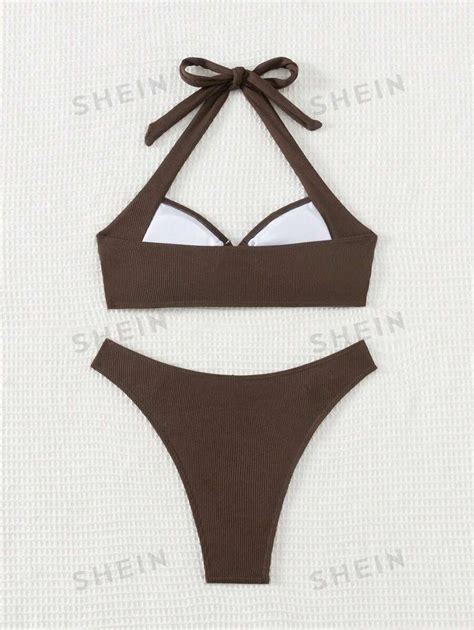 SHEIN Swim Summer Beach Women S Solid Color Halter Neck Bra Swim Bottom Bikini Set Bathing