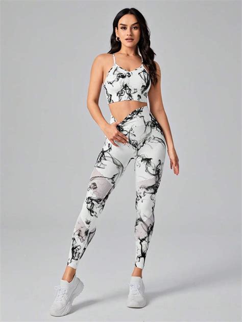 Yoga Floral Tie Dye Mesh Insert Wideband Waist Sports Set For Sale