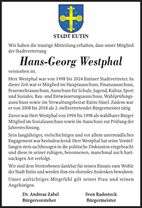 Traueranzeigen Von Hans Georg Westphal Sh Z Trauer