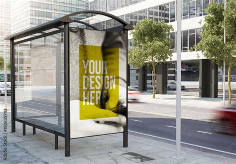 Bus Stop Advertising Kiosk Mockup On City Street 2 Stock Template