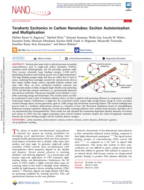 PDF Terahertz Excitonics In Carbon Nanotubes Exciton Autoionization