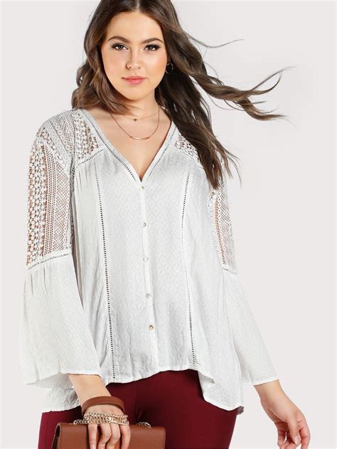 Plus Lace Detail Button Up Blouse Lace Lace Detail Fashion